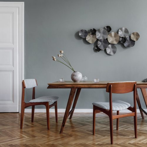 Modern dining room interior with glamour wooden table. Template. Home decor.